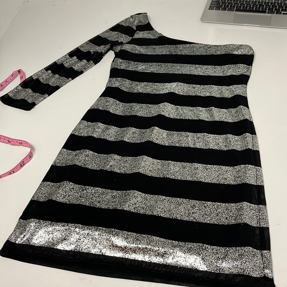 Wishes, Wishes, Wishes Small One Shoulder Silver Black Striped Dress